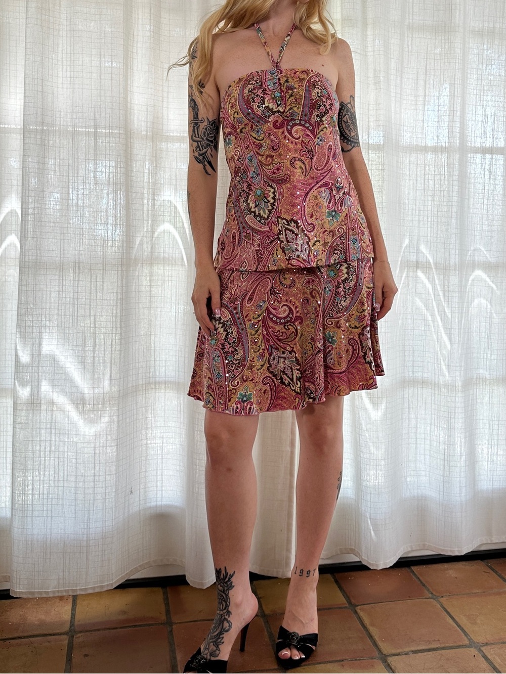 Vintage Y2K pink sequin halter and skirt set girl next door legally blonde